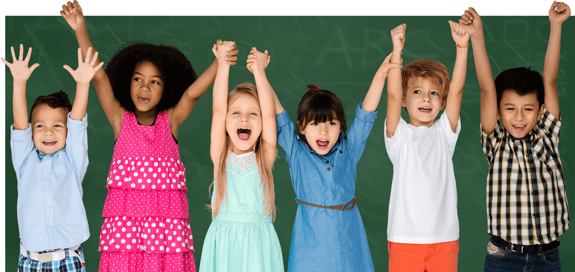 children raising hands in front of a chalk board