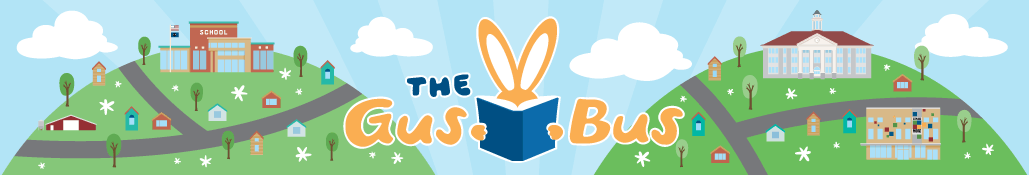 rabbit reading a book with the nieghborhood in the background and text the gus bus